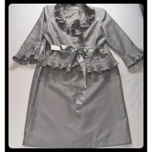 Nicolette‎ Skirt Suit Womens 12 Silver Ruffle Peplum Satin Bow Evening